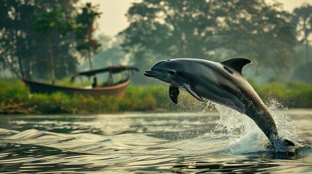 A Ganges river dolphin leaping out of the water, with a traditional boat and lush riverbank in the background