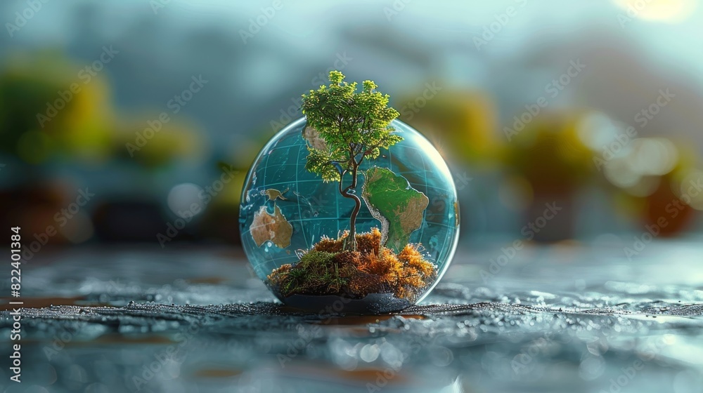 Poster globe concept. world environment and earth day concept with glass globe and eco friendly environment