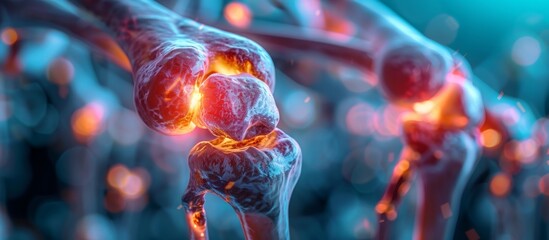 Full shot of patient focus on his painful knee joint highlighted, damaged wrist, bright painful spots on wrist joint, doctor's office background, light and cool colors, surreal，Pain Relief and Diagnos