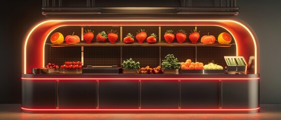 Obraz premium A fantastic 3D model of a futuristic fruit market with glowing neon signs for strawberry, berry, and orange, model isolated on solid background