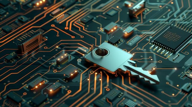 Illustration of a key and password icon on an electronic mainboard background with AI symbol, representing AIpowered authentication