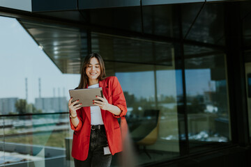 Smiling businesswoman in red blazer using tablet at modern office window in daylight