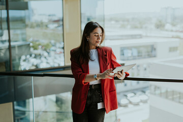 Smiling businesswoman in red blazer using tablet at modern office window in daylight