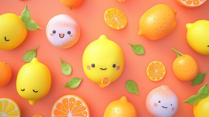 A kawaii collection of citrus fruits featuring cute orange and lemon designs, ideal for summerthemed decorations, model isolated on solid color background
