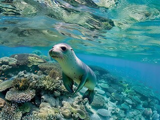 A Hawaiian monk seal swimming in the clear waters off the coast of Hawaii, with a coral reef