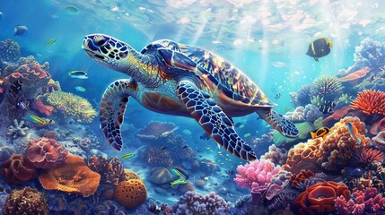 Fototapeta premium A hawksbill turtle swimming gracefully over a coral reef, with vibrant corals and tropical fish in the background