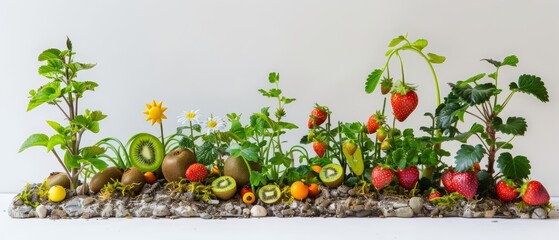A kawaii style miniature garden where tiny strawberries, berries, and kiwis grow under a miniature sun, model isolated white background
