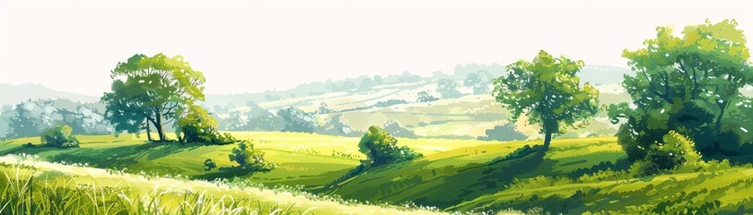 Illustration of a rural countryside landscape with white background