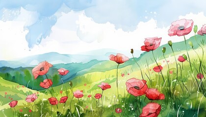 Fototapeta premium A kawaii watercolor of poppies, playful and free, scattered across the rolling hills of a fantasy, sunsoaked meadow