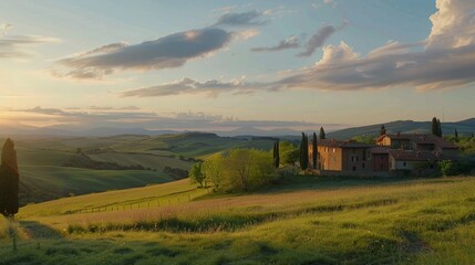 Fototapeta premium Tuscany landscape at sunrise with farm house and hills, Italy, timelapse. Vertical video