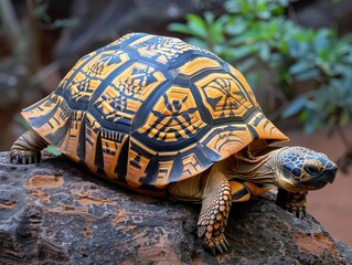 Obraz premium A Radiated Tortoise basking in the sun on a rock in Madagascar, with its patterned shell on display
