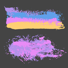 Brush strokes vector. Colorful backgrounds. Grunge design elements. Dirty brush texture banners. Purple, blue, yellow, and pink brush strokes and ink blots. Rainbow paint objects