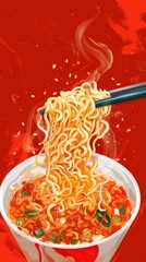 Noodles being lifted from a bowl with chopsticks, food background 