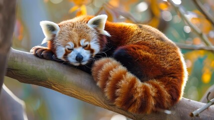 A red panda curled up on a tree branch, peacefully sleeping with its bushy tail wrapped around its...