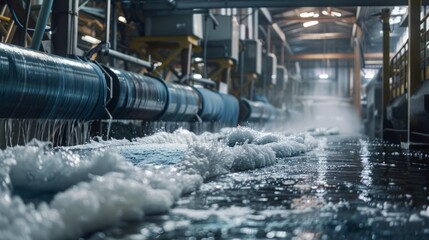 A large pipe in an industrial factory filled with water, indicating possible usage in manufacturing processes.
