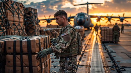 Fototapeta premium soldier loading supplies onto a plane