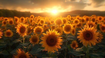 A field of sunflowers at sunrise, with the first light of dawn painting the petals in shades of gold and orange. List of Art Media Photograph inspired by Spring magazine