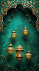 Obraz premium Decoration of Nakheel with lanterns on green background of a green background, in the style of delicate gold detailing
