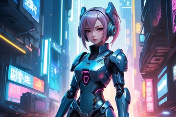 Beautiful cyberpunk anime girl character wearing tech armor