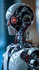 Fototapeta premium Photo of a heartshaped robot prototype with AI emblem integrated into its design, symbolizing AIdriven advancements in emotional robotics