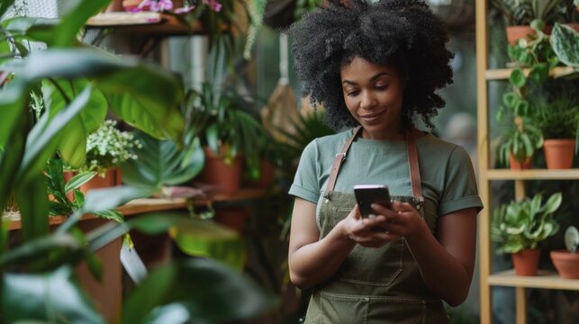 Young african american shopkeeper girl smiling happy using smartphone at florist. Online shopping, flowers delivery