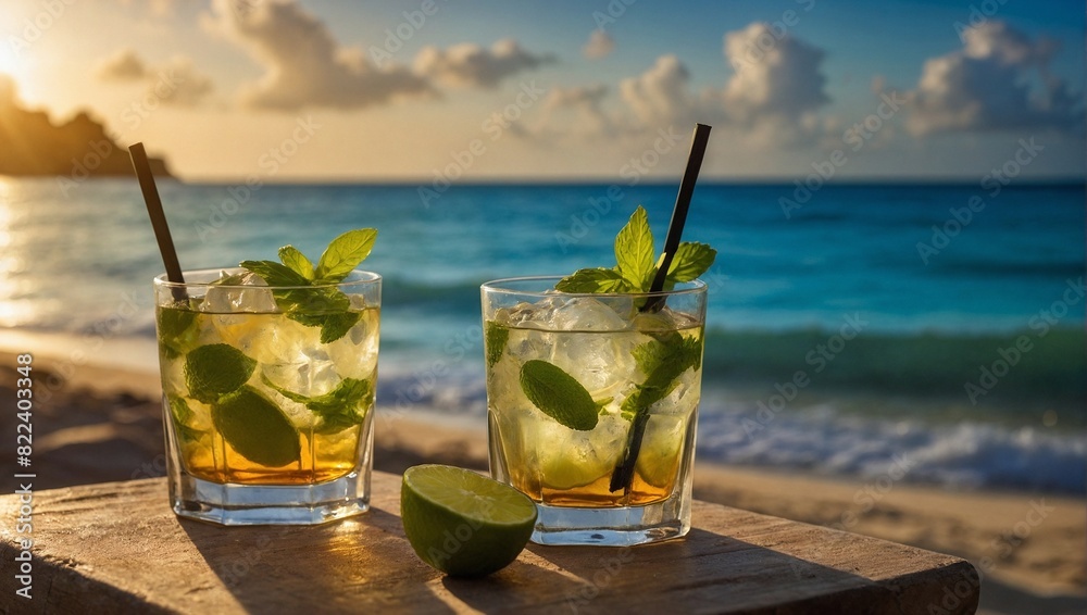 Wall mural two glasses of mojito drink with ice, at the beach