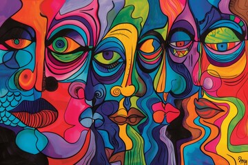 Fototapeta premium Abstract colorful illustration with people faces Ai generative art 