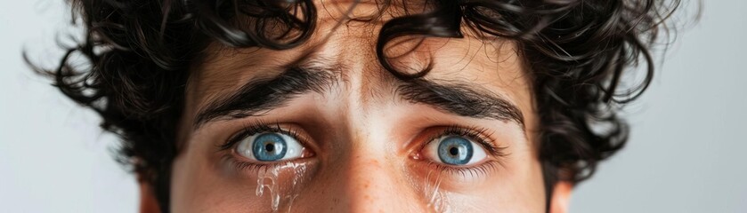 Photo of a person looking distraught and overwhelmed with tears in their eyes against a white backdrop