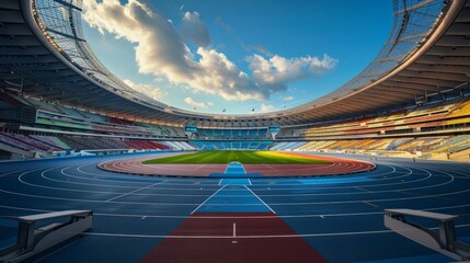Olympic games stadium featuring a vibrant blue and red track surrounded by seating