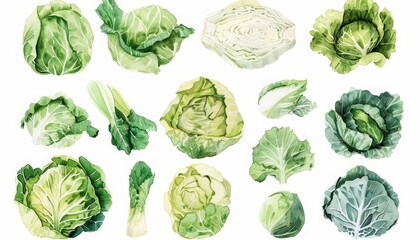 A set of watercolor images of crunchy organic cabbage, ideal for coleslaw, Clipart isolated concept minimal with white background