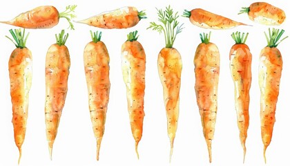 A set of watercolor portrayals of carrots, rich in betacarotene for healthy vision, Clipart isolated white background
