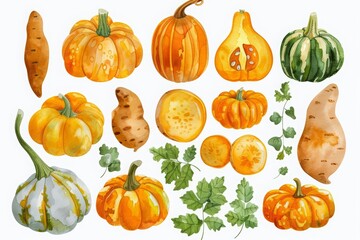 A set of watercolor portrayals of pumpkins and sweet potatoes, rich in color and taste, Clipart isolated with a white background