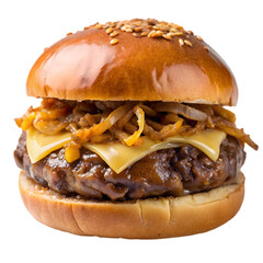 Meat cheeseburger with caramelized onion Isolated on white background