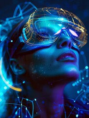 woman look up portrait in vr glasses hologram, glowing virtual headset with connection, earth sphere and lines.