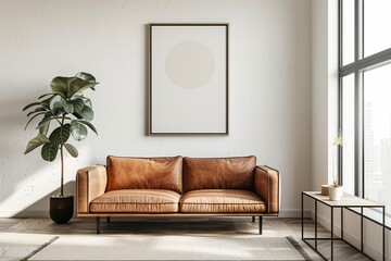 minimalist style home interior design of a modern living room, featuring a shabby leather sofa near a white wall with an art poster