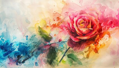 A watercolor of a rose amidst an abstract splash of vibrant hues, bursting with life on an ethereal background