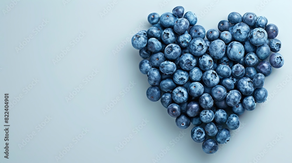 Sticker A heart made of blueberries on a white background in the style of flat lay photography, viewed from the top banner