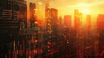 A background of financial charts and graphs with a cityscape in the foreground, done in a double exposure style, capturing the golden hour light, with a hyper realistic, photorealistic style.