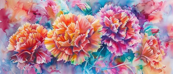 A watercolor of carnations, bold and expressive, blooming fiercely in the heart of a bustling, colorful circus