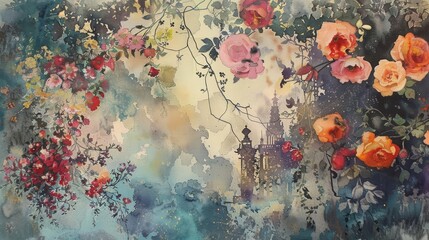 A watercolor of stock flowers, rich and velvety, flourishing in the gardens of a whimsical, upsidedown castle in the sky