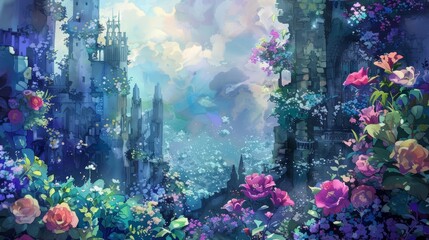 A watercolor of stock flowers, rich and velvety, flourishing in the gardens of a whimsical, upsidedown castle in the sky