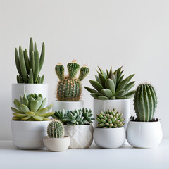 various cactus and succulent plants in different white pots