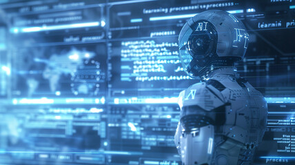 a humanoid robot in white with blue elements pointing at the words "AI”