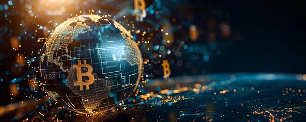 Fototapeta premium Globe with various currency symbols swirling around it, metallic and digital textures, dark background, for finance magazine cover