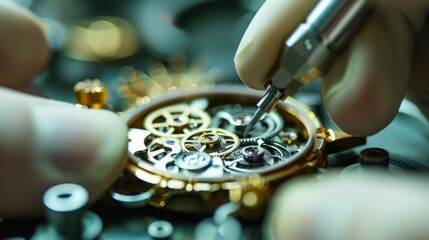 A close-up of a person meticulously working on a watch, focusing on the tiny components and intricate details of the timepiece. - Powered by Adobe