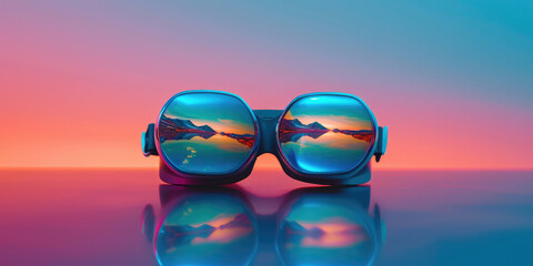 Reflection of beautiful landscapes of nature in glasses, virtual reality goggles on a colored background. VR concept.