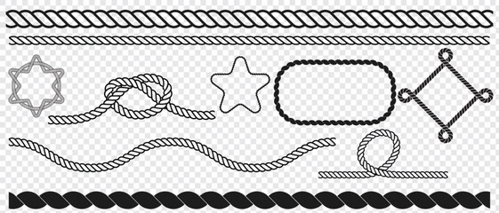 Nautical rope knots and frames. Swaying black nautical rope border. Vector isolated on transparent background. eps 10. © Quirk Craft Studio