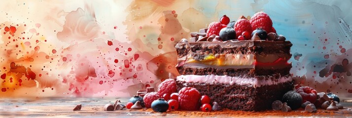 Layered chocolate cake with berries and paint splatter