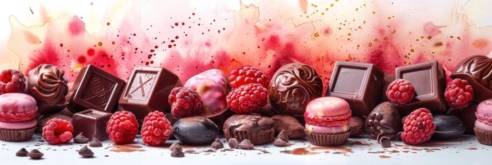 Assorted chocolates and berries with splashes