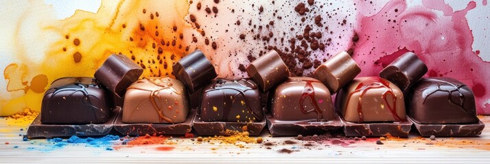Line of chocolates with colorful splashes